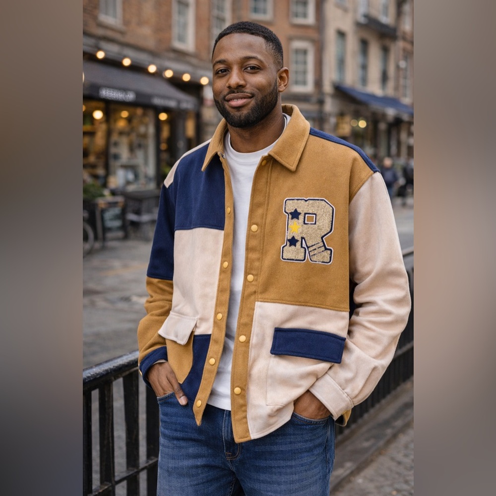 Men's Colorblock Varsity Jacket - Tan & Navy